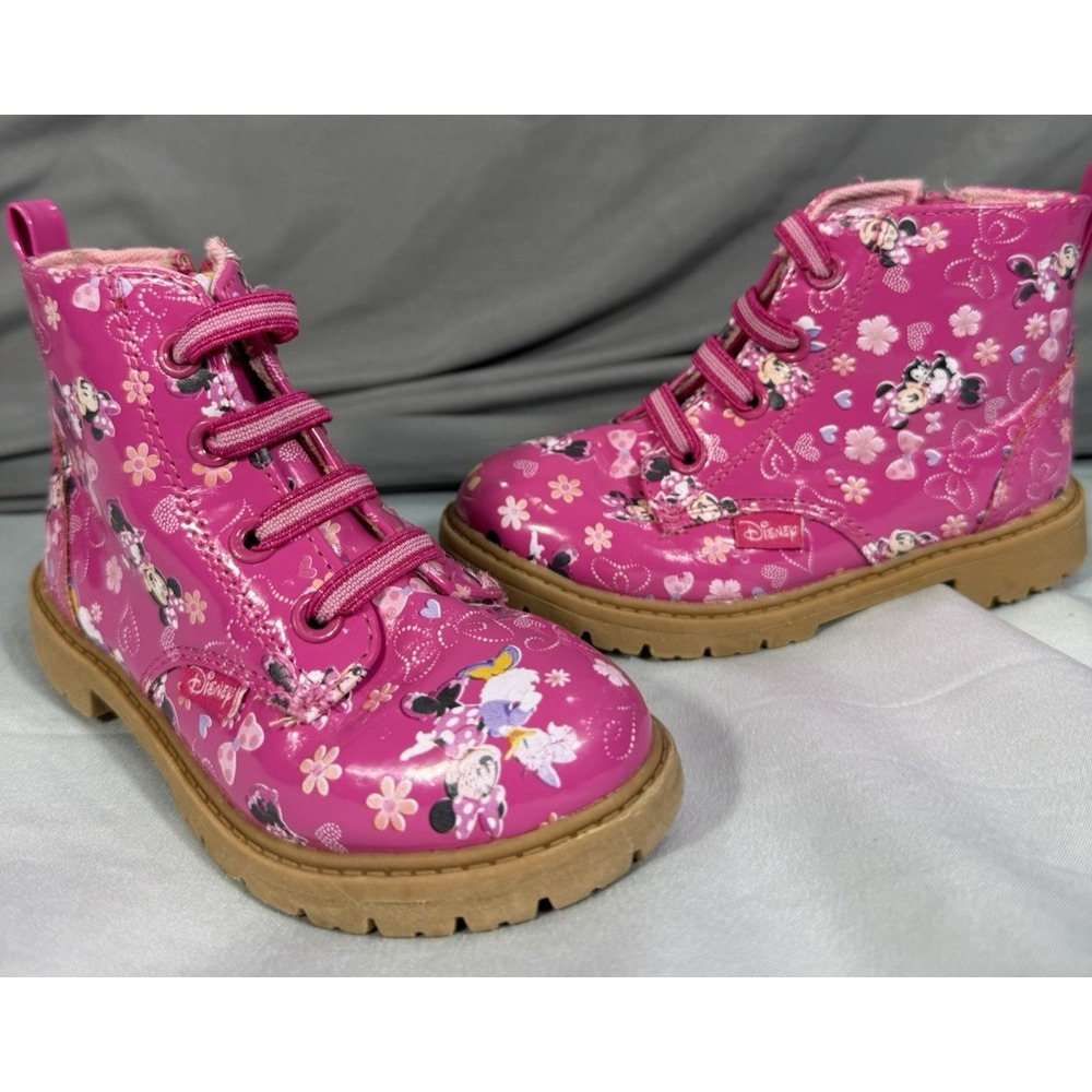 Disney Junior Minnie Mouse Pink Patent Girls Combat Boots Size 9